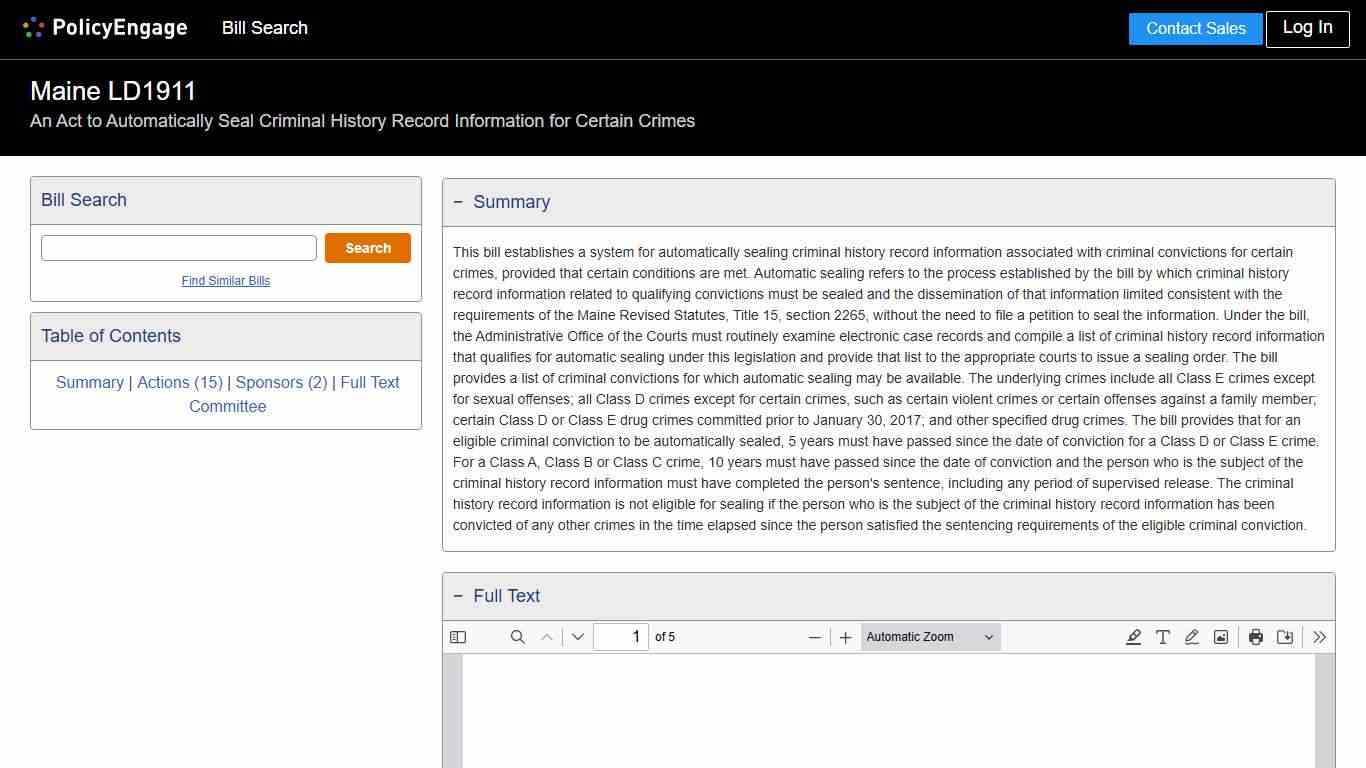 LD1911 | Maine 2025-2026 | An Act to Automatically Seal Criminal History Record Information for Certain Crimes - Legislative Tracking | PolicyEngage